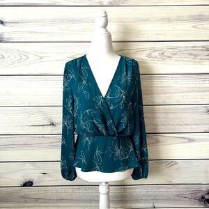 Lush Teal Floral Long Sleeve Peplum V Neck Wrap Blouse
